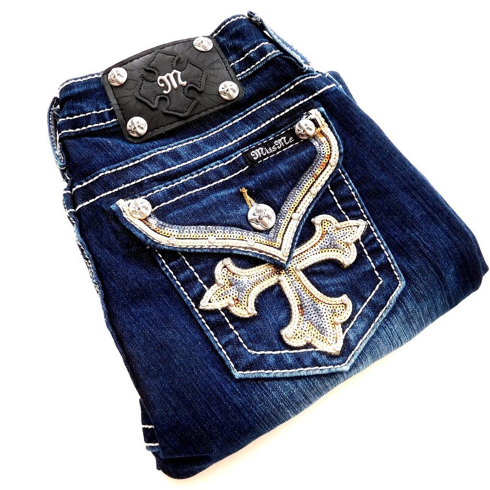 Miss Me Bootcut Sequin Cross Rhinestone Embellished Flap Pocket Jeans 28 (30X34)